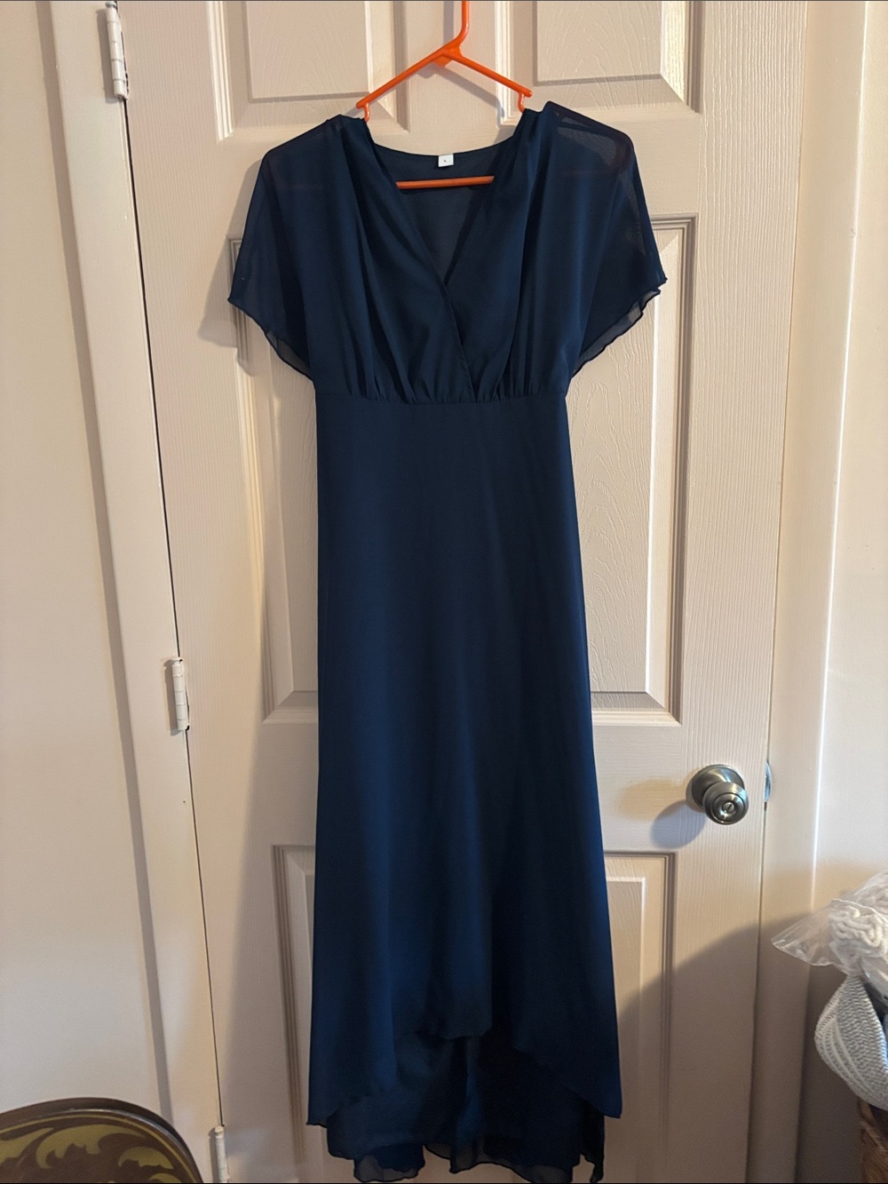 V-Neck High-Low Navy Blue Chiffon Dress